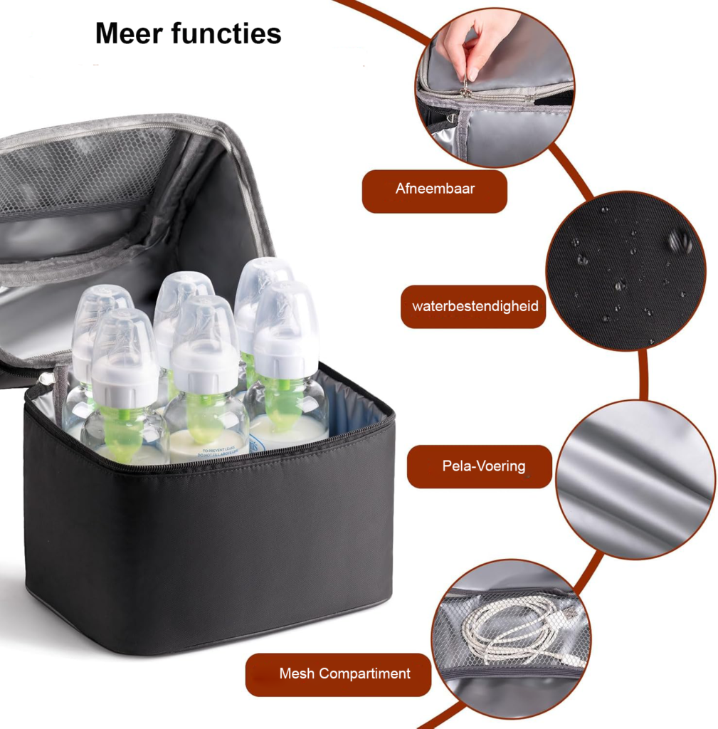 Zwarte koeltas voor moedermelk met ijspack, compacte koelrugzak voor veilig bewaren en vervoeren van moedermelk onderweg