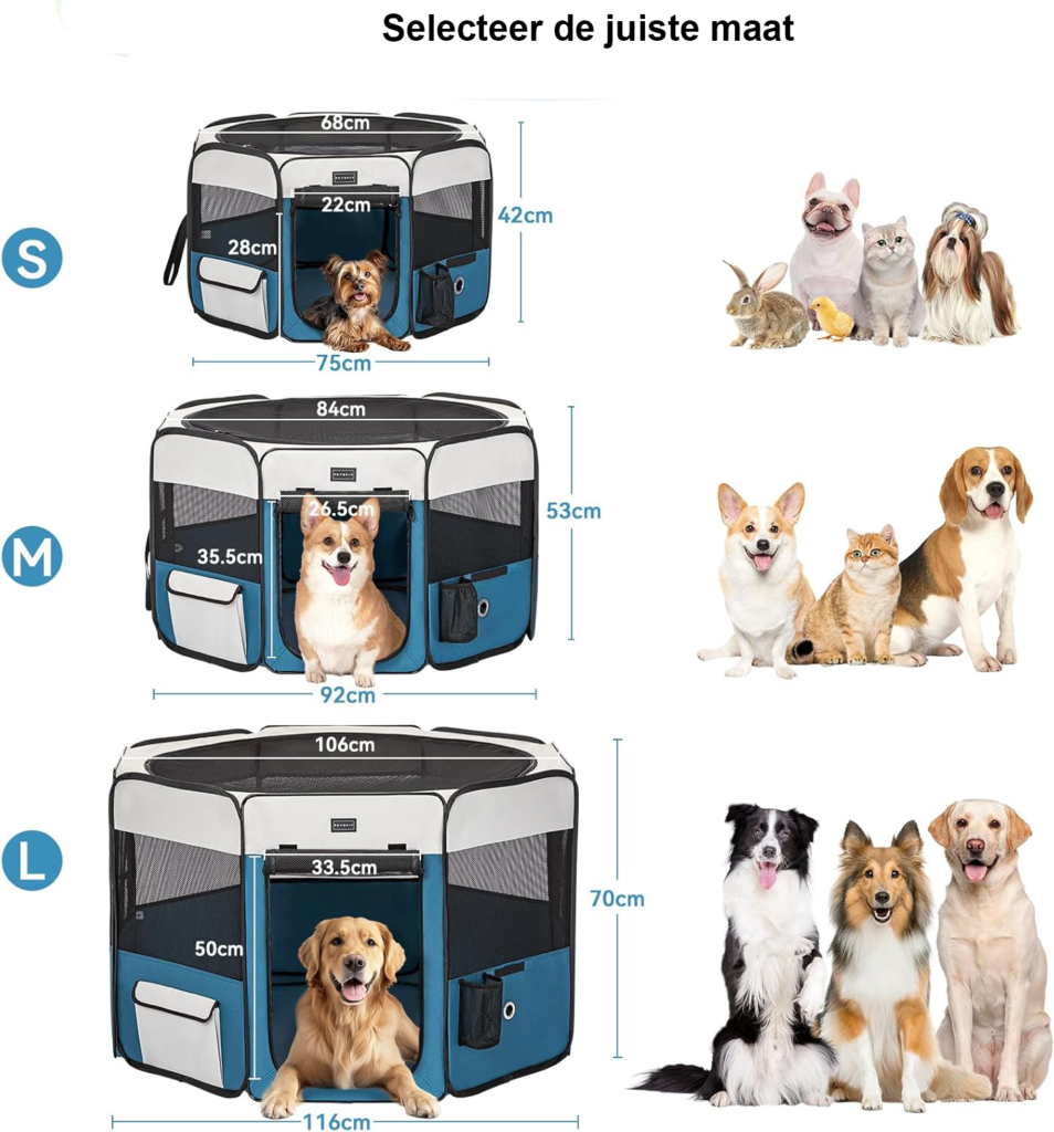 Puppyren opvouwbaar kleine dieren waterdichte honden speelpen wasbare buitenren met rits grijs blauw maat S