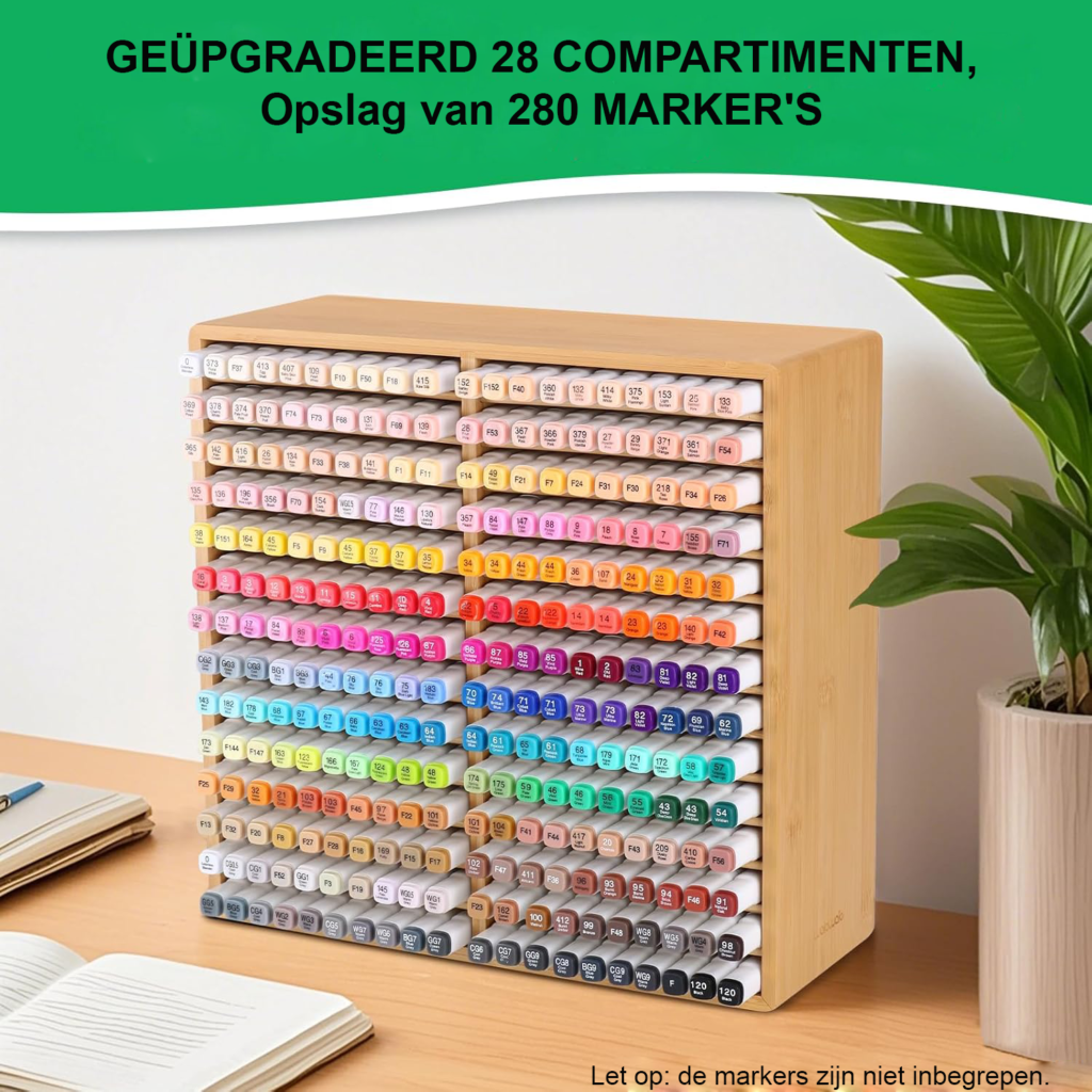 Bamboe marker organizer met 28 compartimenten voor 260 markers, stiften en potloden opbergoplossing voor kantoor en klaslokaal