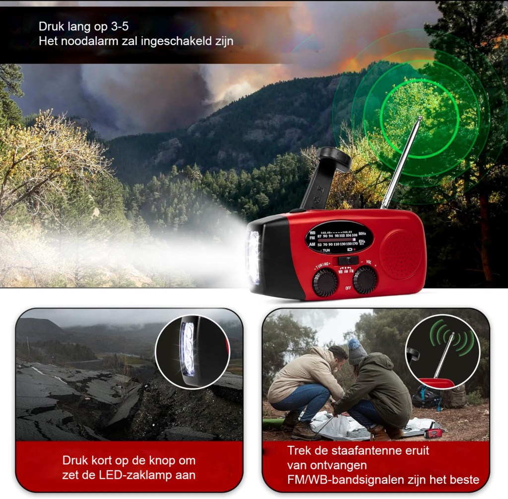 Noodradio met Zonnepaneel en Dynamo - Draagbare AM/FM Radio voor Camping en Noodsituaties - Zaklamp en SOS Alarm - Oplaadbaar Outdoor Gebruik