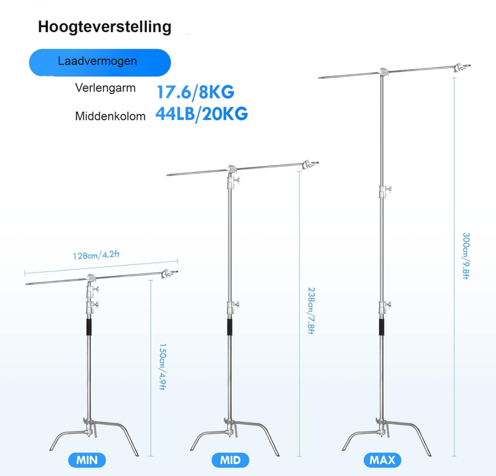 2-pack RVS C-statief met boomarm voor softbox, reflector en studiolampen 300 cm