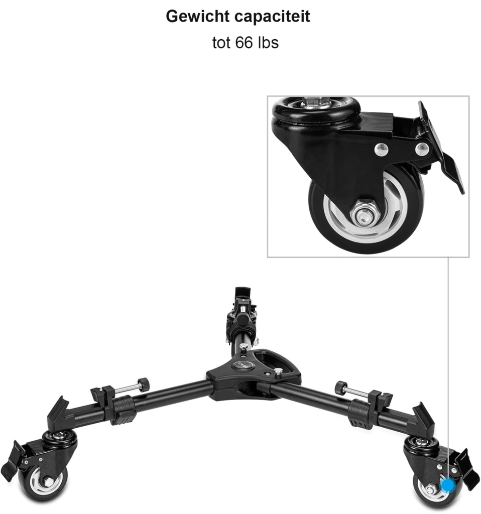 Tripod trolley met 7,5 cm rubberen wielen voor statieven en verlichtingshouders met 30 kg draagvermogen