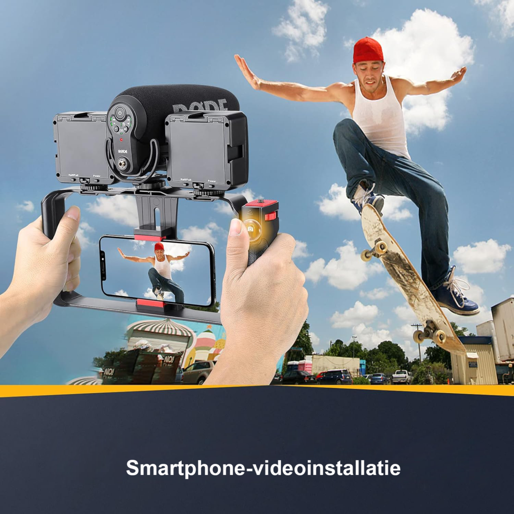 Handstabilisator video stabilizer met hot shoe voor camera en smartphone schokabsorberend voor vloggen en content creatie