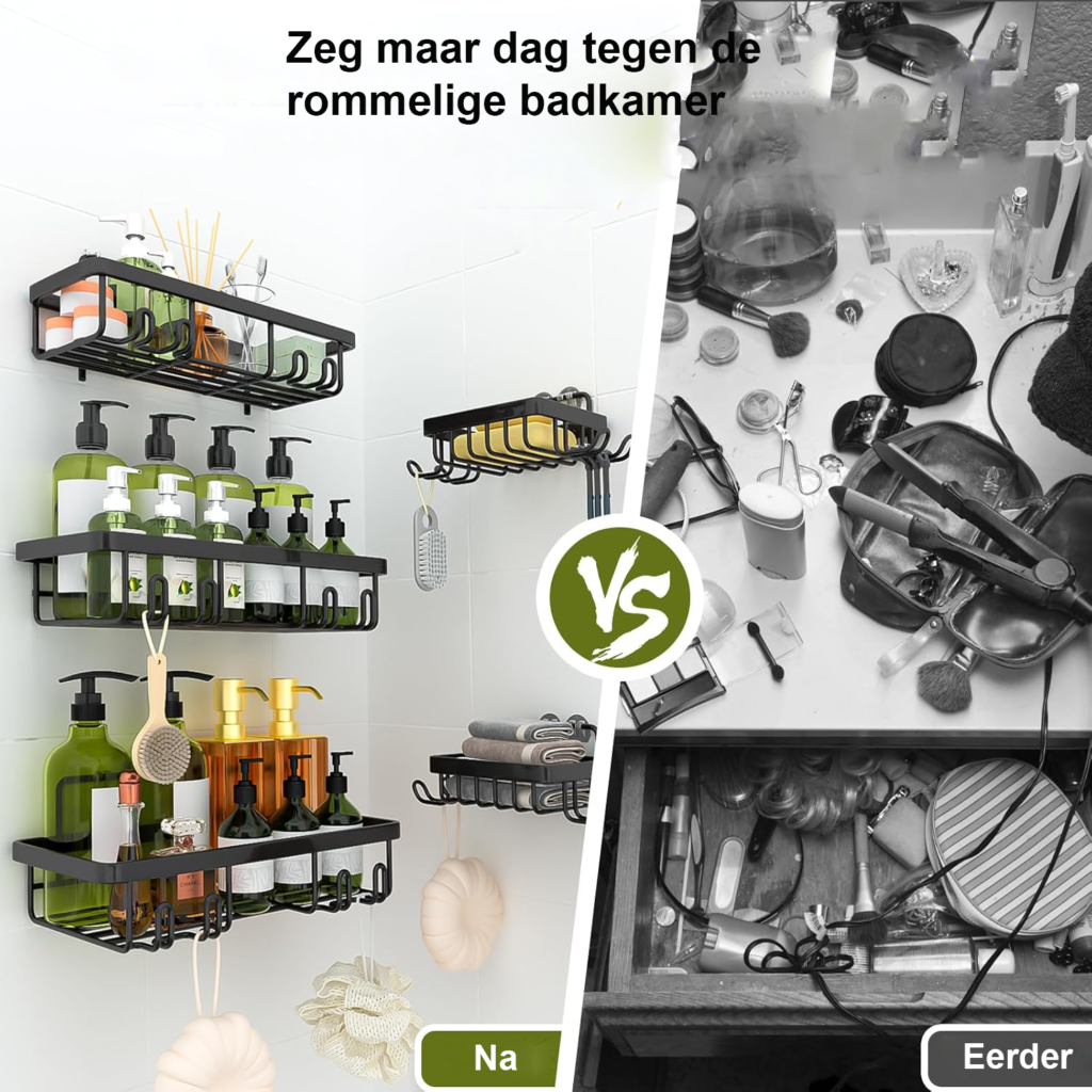 Doucheplank zonder boren set van 5 zwart met zeephouder en badkamer organizer