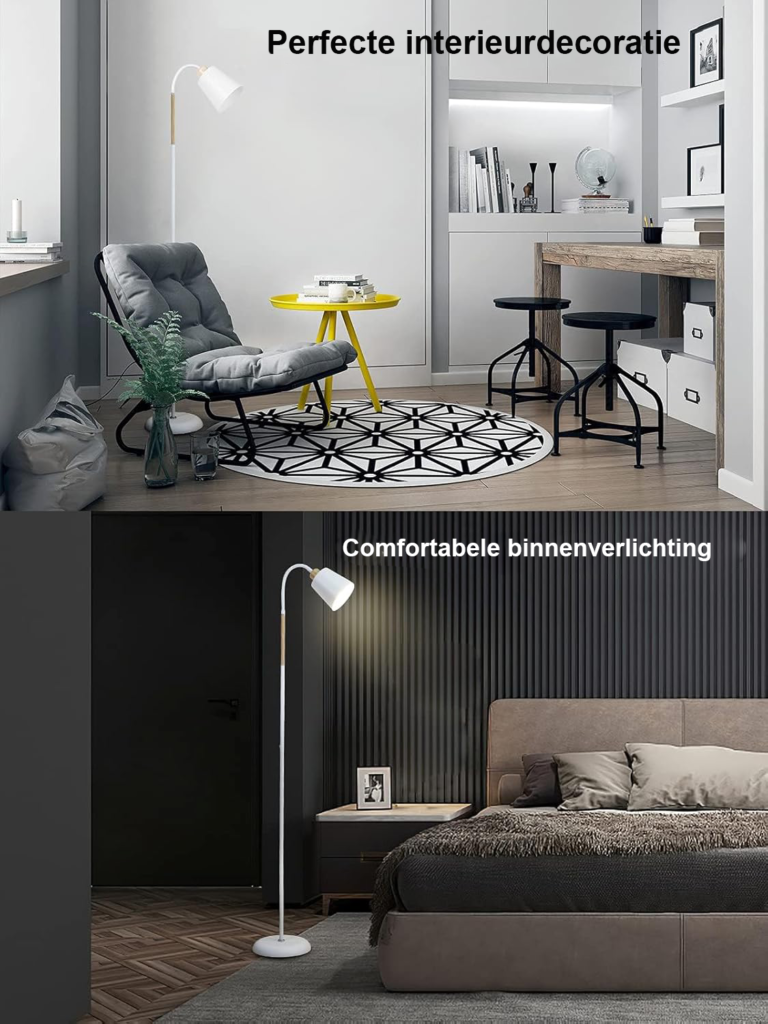 Witte 360° draaibare staande vloerlamp met metalen frame, E27 fitting tot 60W voor woonkamer of slaapkamer, hoogte 159 cm