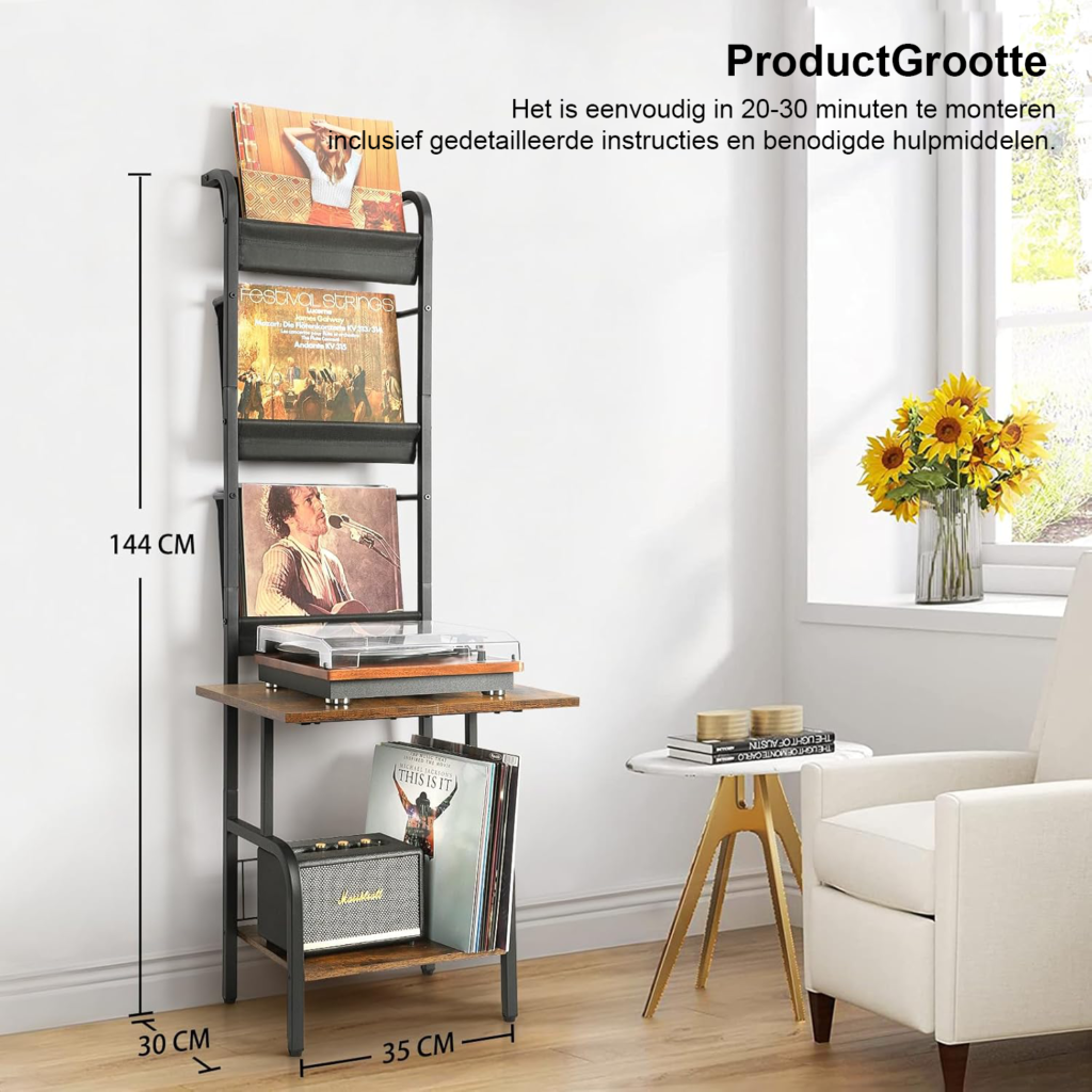 Vinyl platenstandaard met opbergruimte voor LP albums en turntable, wandmontage platenrek tot 200 albums