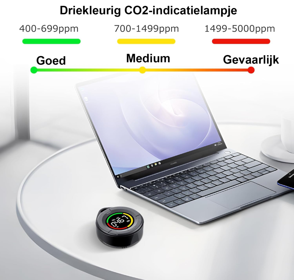 Draagbare CO2 meter met LCD display, kleurindicator en alarm voor luchtkwaliteitsmeting binnenshuis