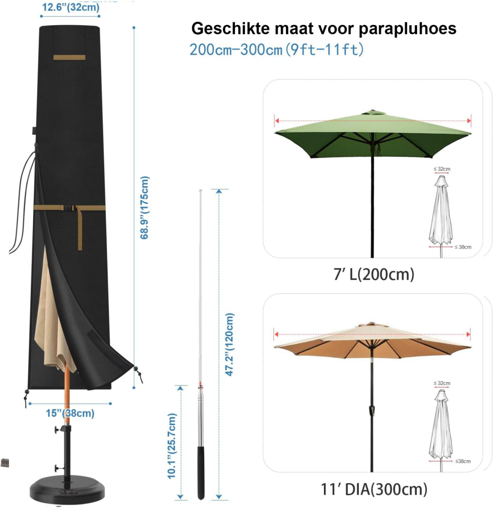 Parasolhoes met telescopische stok van waterdichte Oxford stof voor parasols tot 300 cm