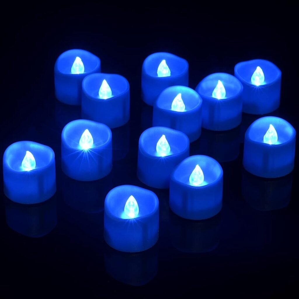 Set van 12 LED waxinelichtjes met timer en blauw flikkerend licht voor sfeerverlichting en decoratie