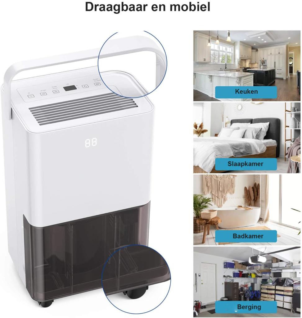 Stille luchtontvochtiger 10L per dag voor ruimtes tot 15m² met 24-uurs timer en transparante watertank voor wasdrogen en ontvochtiging