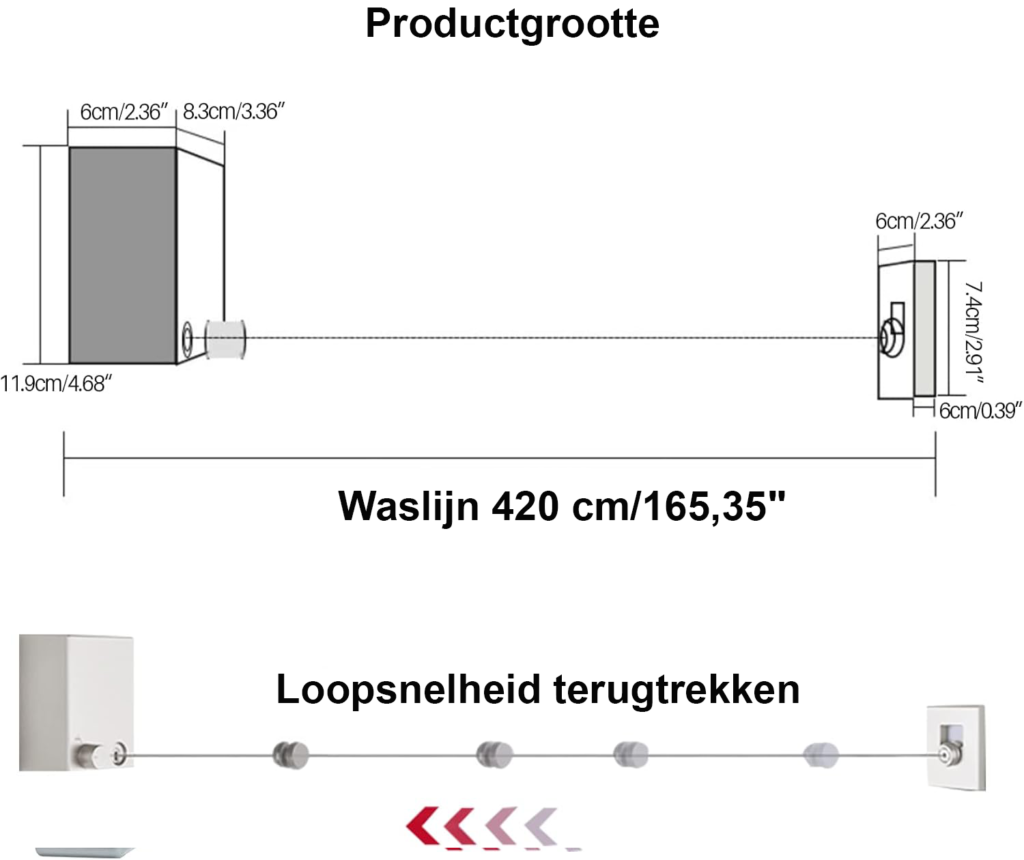 Uittrekbare wandwaslijn 4,2 meter 2 stuks telescopische waslijn voor balkon en binnen gebruik zilverkleurige zware waslijn voor wasgoed ophangen