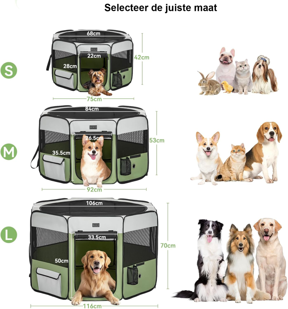 Opvouwbare puppyren grijs groen maat S waterdichte hondenren voor kleine dieren met rits voor binnen en buiten gebruik