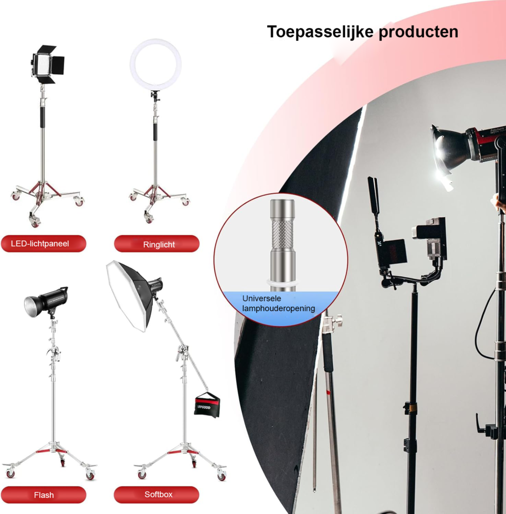 Lichtstatief met wielen RVS verstelbaar 305 cm studio lampstatief voor softbox en verlichting robuuste verrijdbare standaard