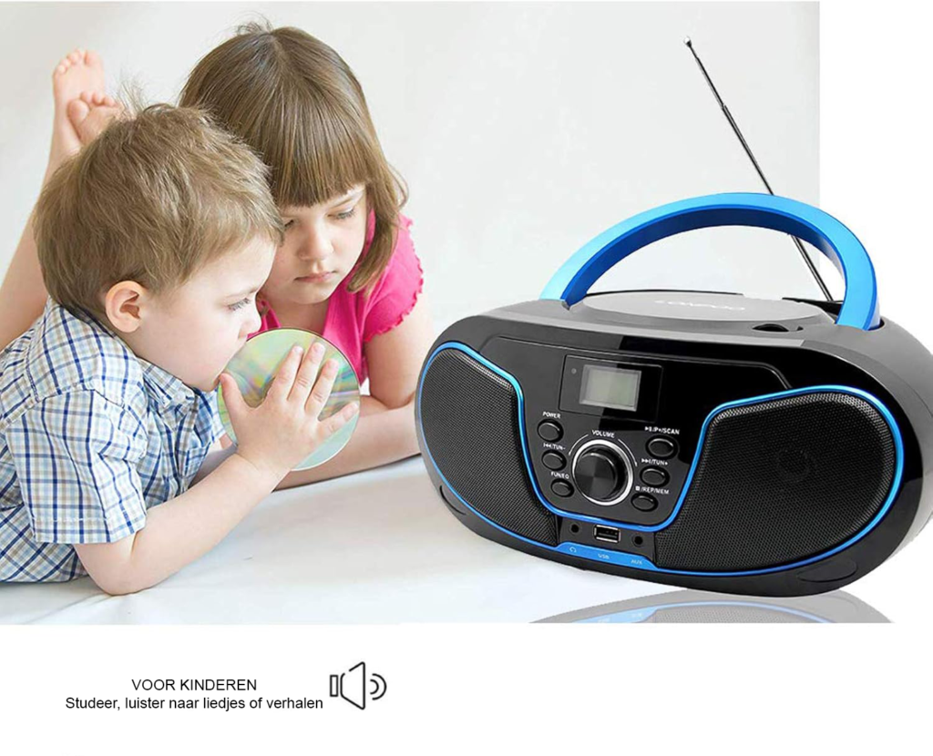 Draagbare CD speler voor kinderen met FM radio, Bluetooth, USB en AUX aansluiting met stereo speakers