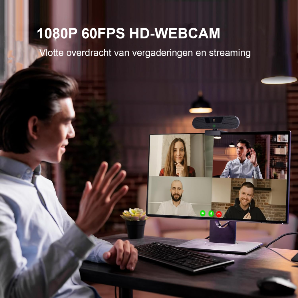 Full HD 1080p webcam met microfoons, statief en plug & play voor Zoom, Skype en FaceTime