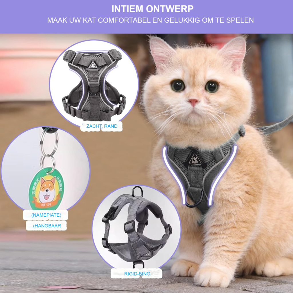 Verstelbaar kattenharnas met 150 cm lijn van polyester voor kittens en katten in maat M