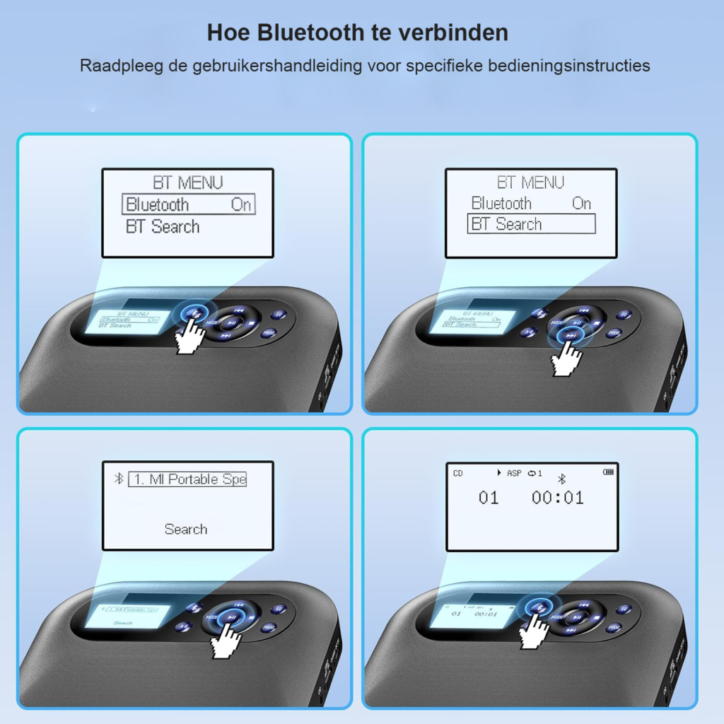 Draagbare CD speler met Bluetooth en oplaadbare functie, FM radio en stereo speakers