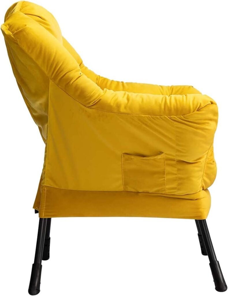 Gele velvet relaxfauteuil met armleuningen en stalen frame voor woonkamer en slaapkamer