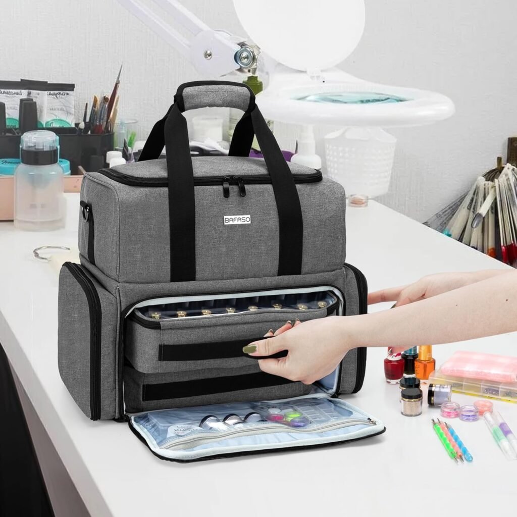 Grijze nagellak organizer tas voor 80 flessen met ruimte voor nageldroger en nagellak accessoires