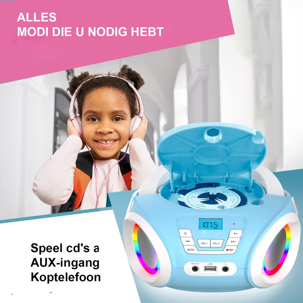 Boombox CD Speler voor Kinderen met FM Radio en Batterij - Blauwe Kinder Radio CD Speler