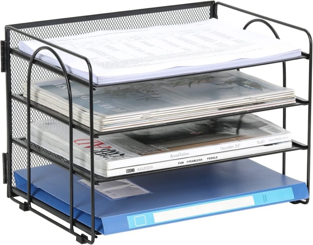 4-laags A4 bureau organizer met mesh opbergrek voor documenten, papieren en tijdschriften in zwart design