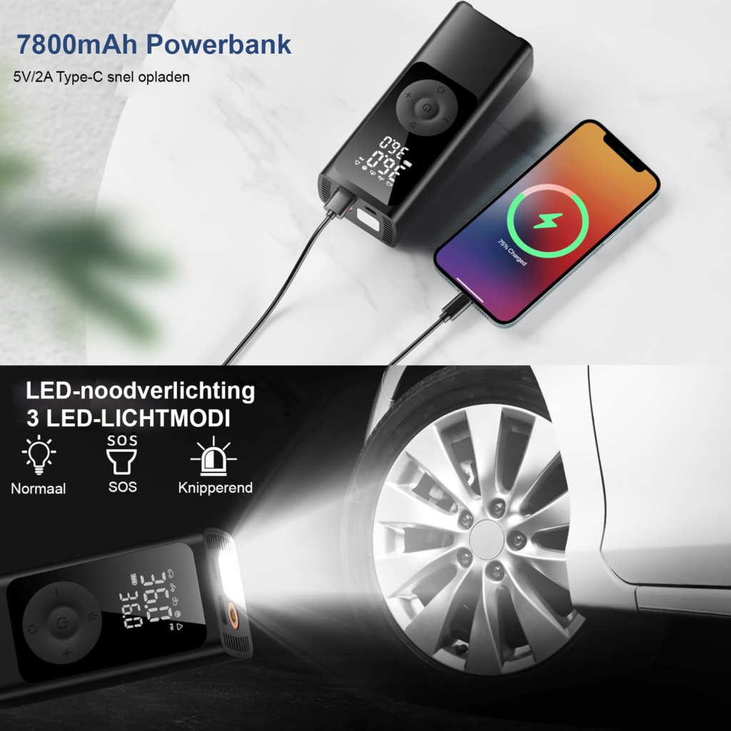 Elektrische luchtpomp met batterij 7500 mAh en LCD scherm voor banden en opblaasbare voorwerpen