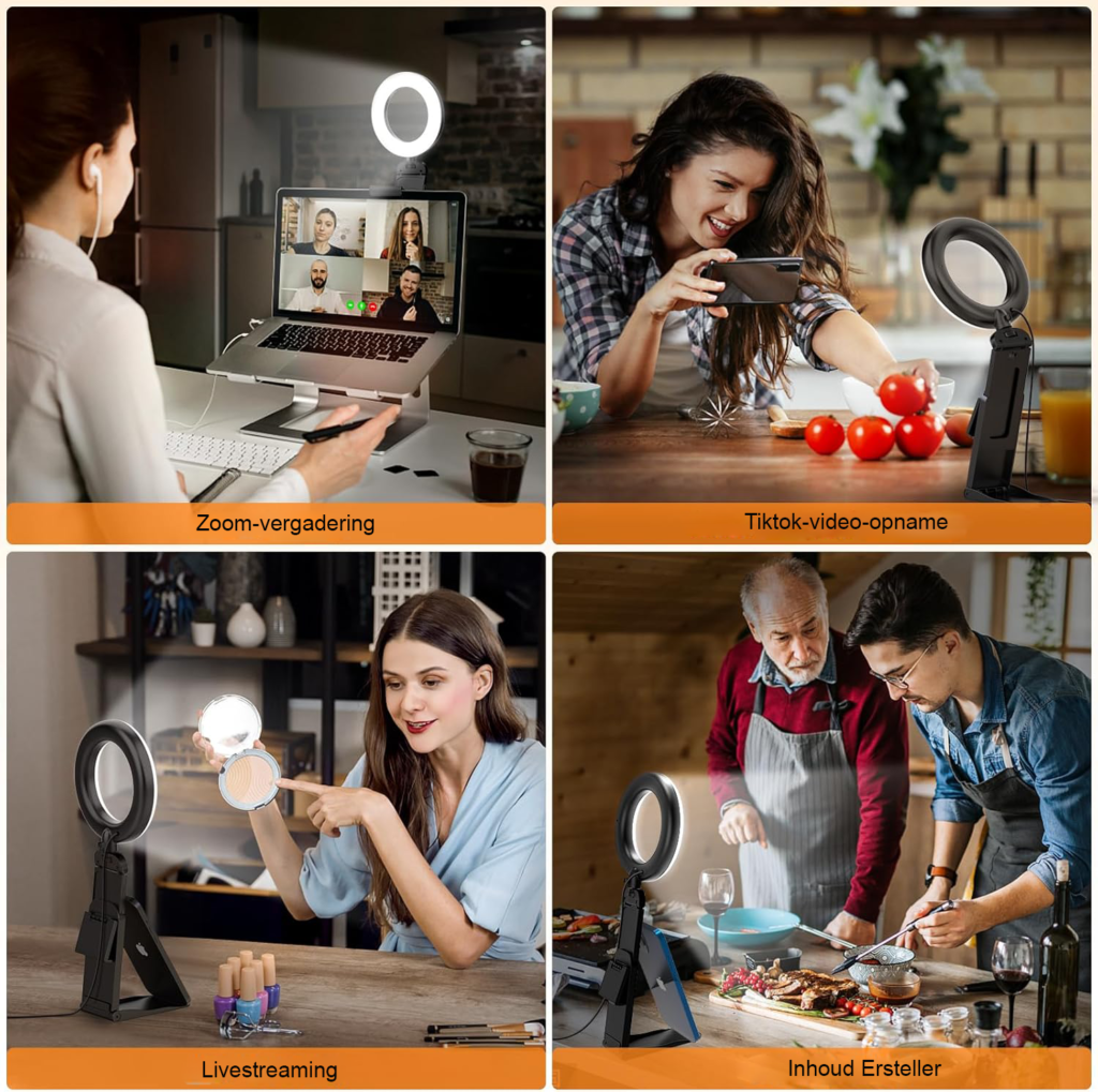 LED ringlamp met statief en telefoonhouder voor video conferentie en streaming met 3 lichtkleuren 10 helderheidsniveaus en 360 graden draaibaar licht