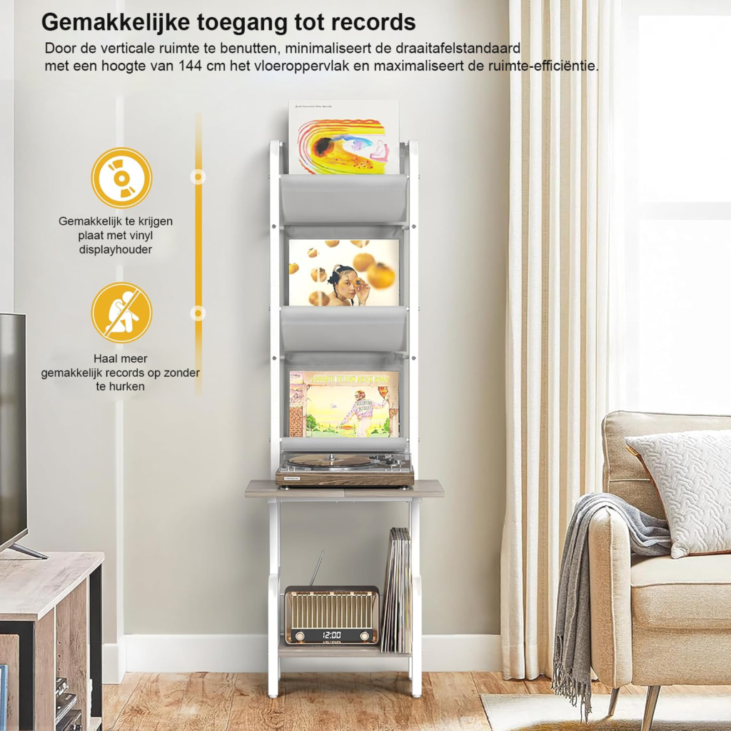 Witte platenspeler standaard met vinyl platenopslag en LP rek voor 200 albums