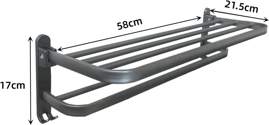 Grijze zelfklevende handdoekhouder met plank voor badkamer, 2-laags wandgemonteerd handdoekenrek van 58 cm