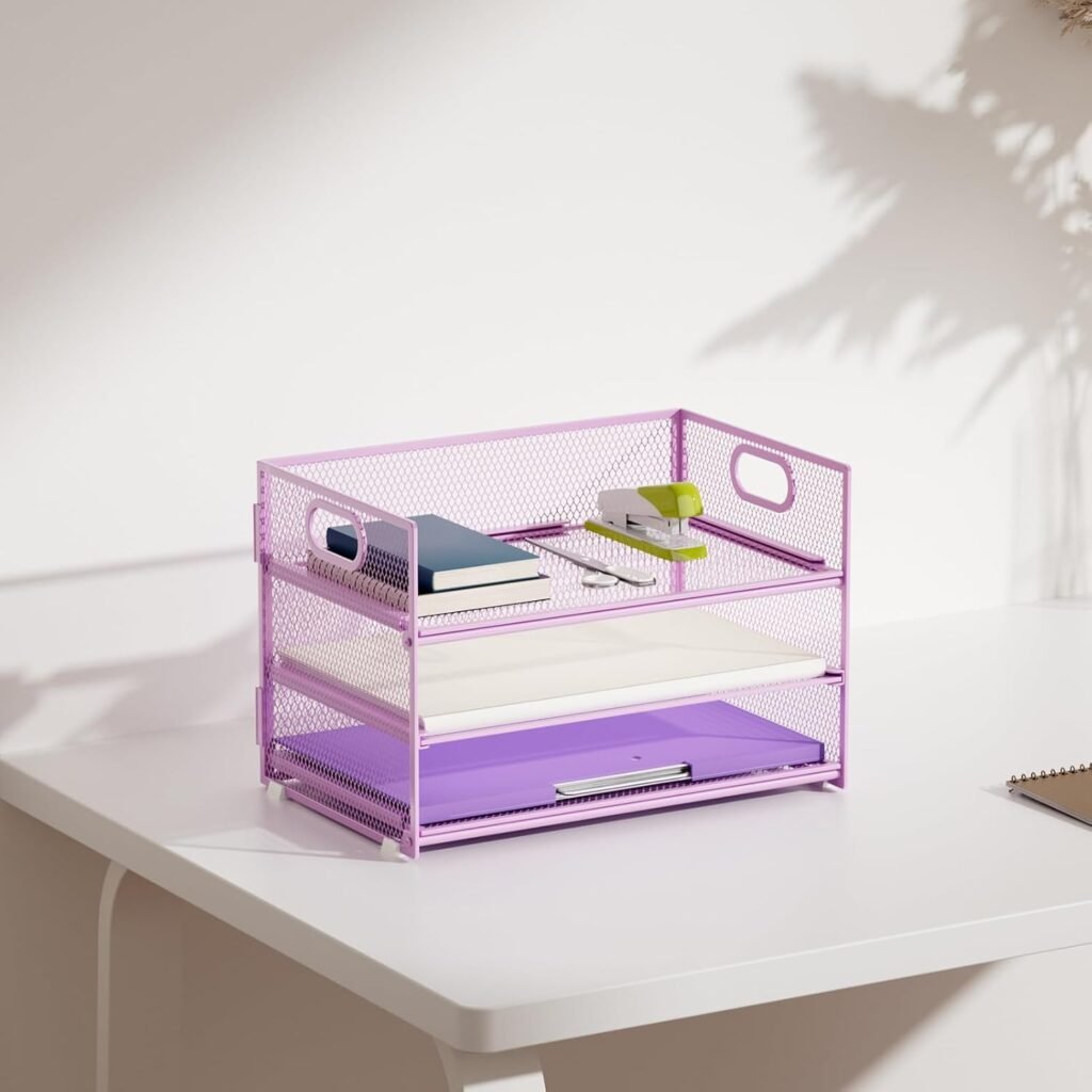 Bureau organizer 3 lagen paars met handgreep - mesh documentenbak en bureau opberger voor thuiswerk en accessoires