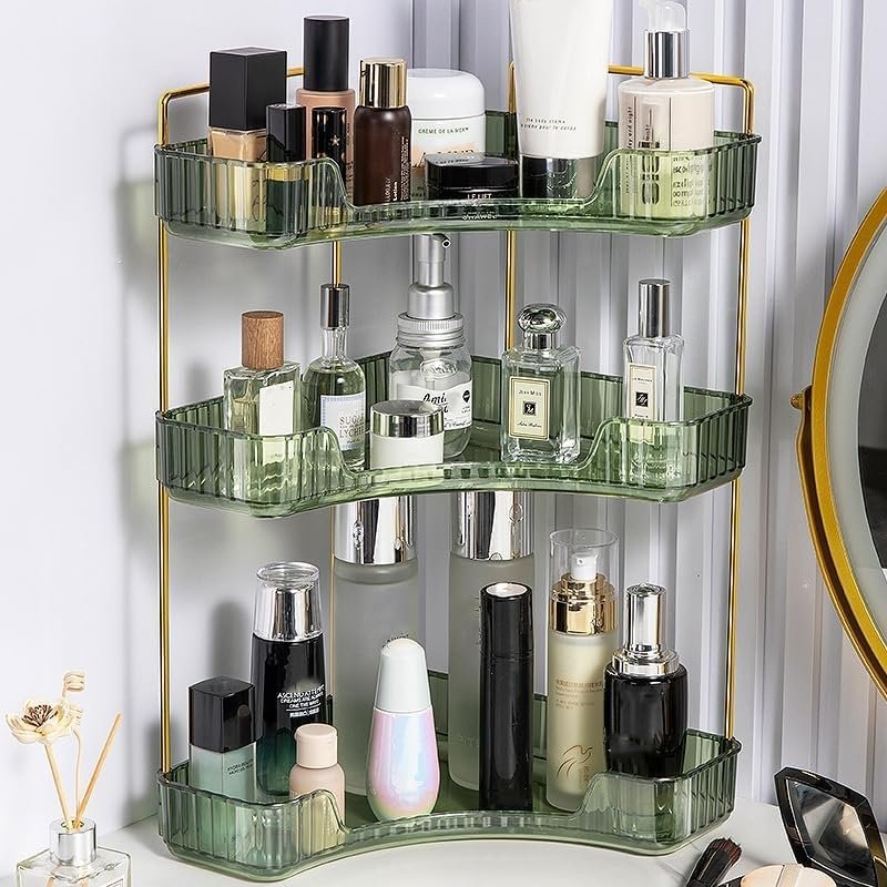 Hoek badkamer organizer met 3 niveaus voor make-up, cosmetica en toiletartikelen