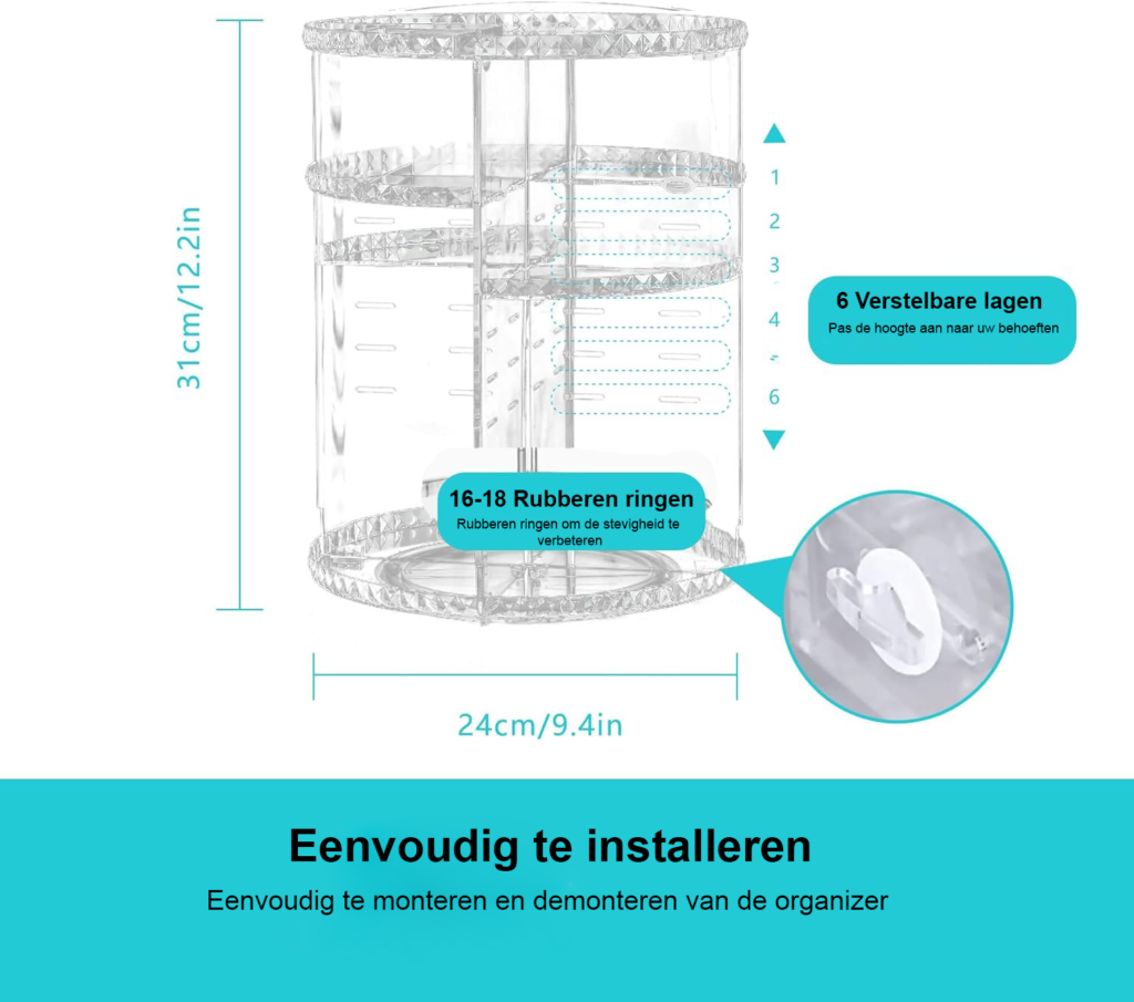 Draaibare make-up organizer 360° met transparante cosmetica opbergdoos voor badkamer en ladenkast