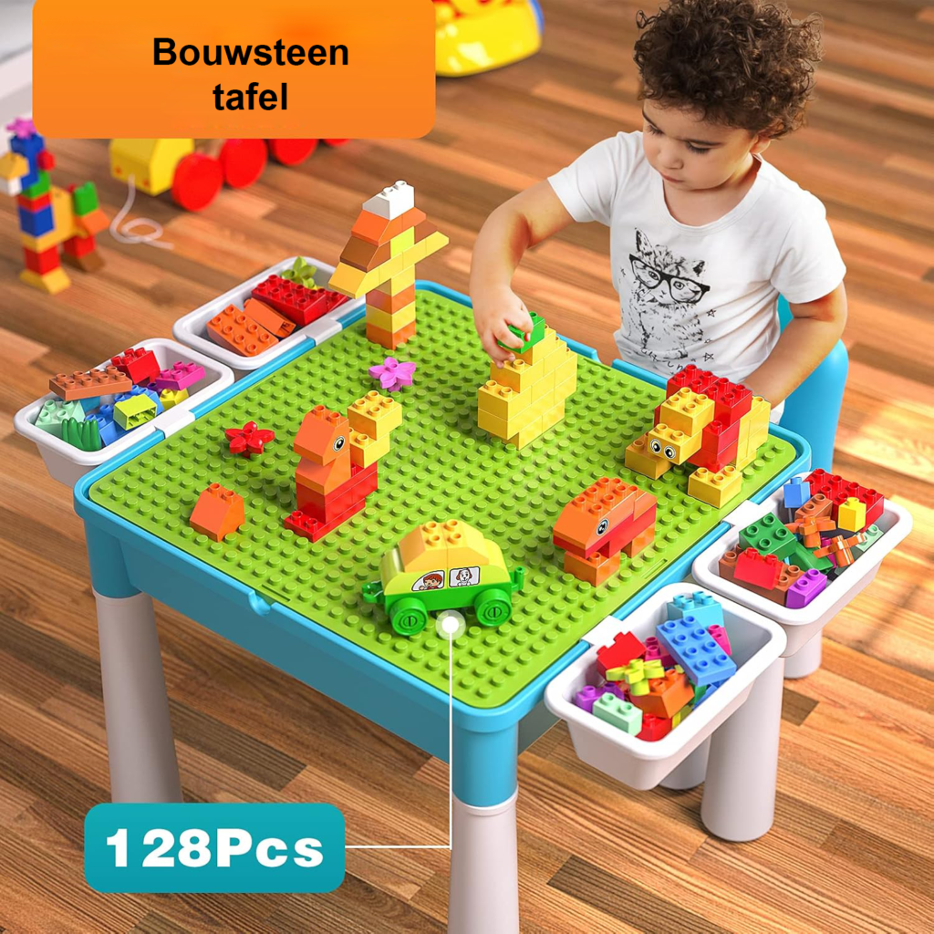 Activiteitentafel voor Kinderen 5-in-1 - Bouwspeeltafel met Opbergruimte en Stoel - 128 Grote Bouwblokken met Groene Basisplaat