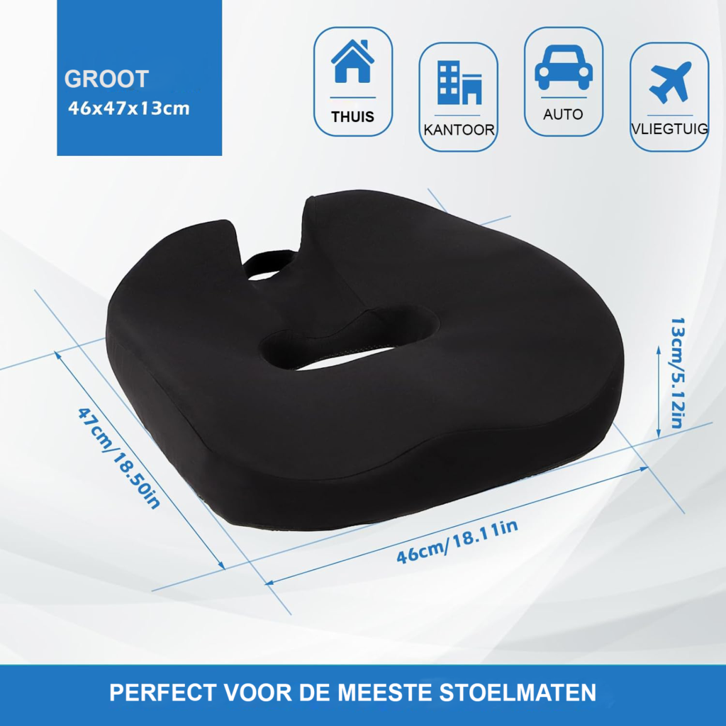 Ergonomisch memory foam zitkussen met coccyx uitsparing voor kantoorstoel, auto en rolstoel, voor drukverlichting en comfortabel langdurig zitten