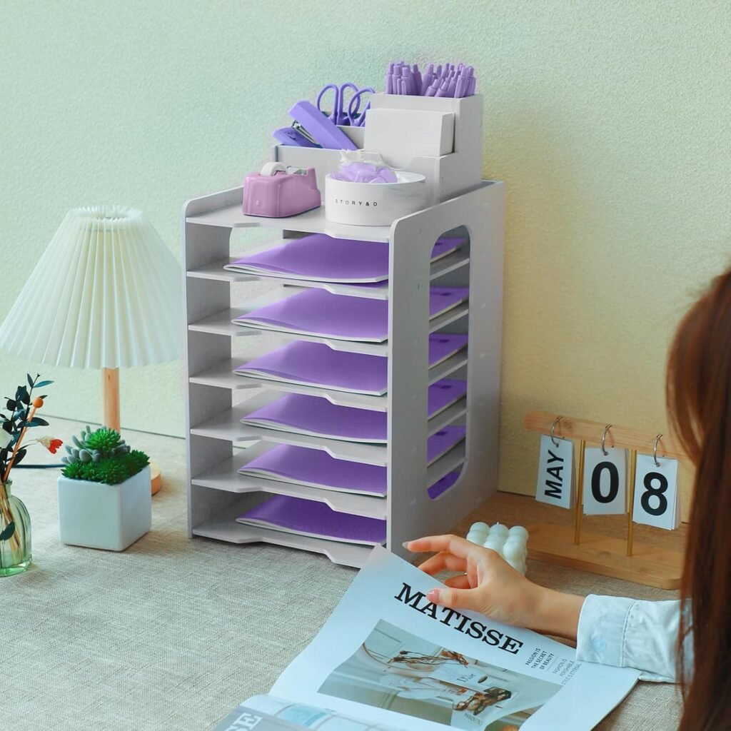 7 laags tray organizer voor A4 papier met stapelbare lades en penhouder in wit voor kantoor