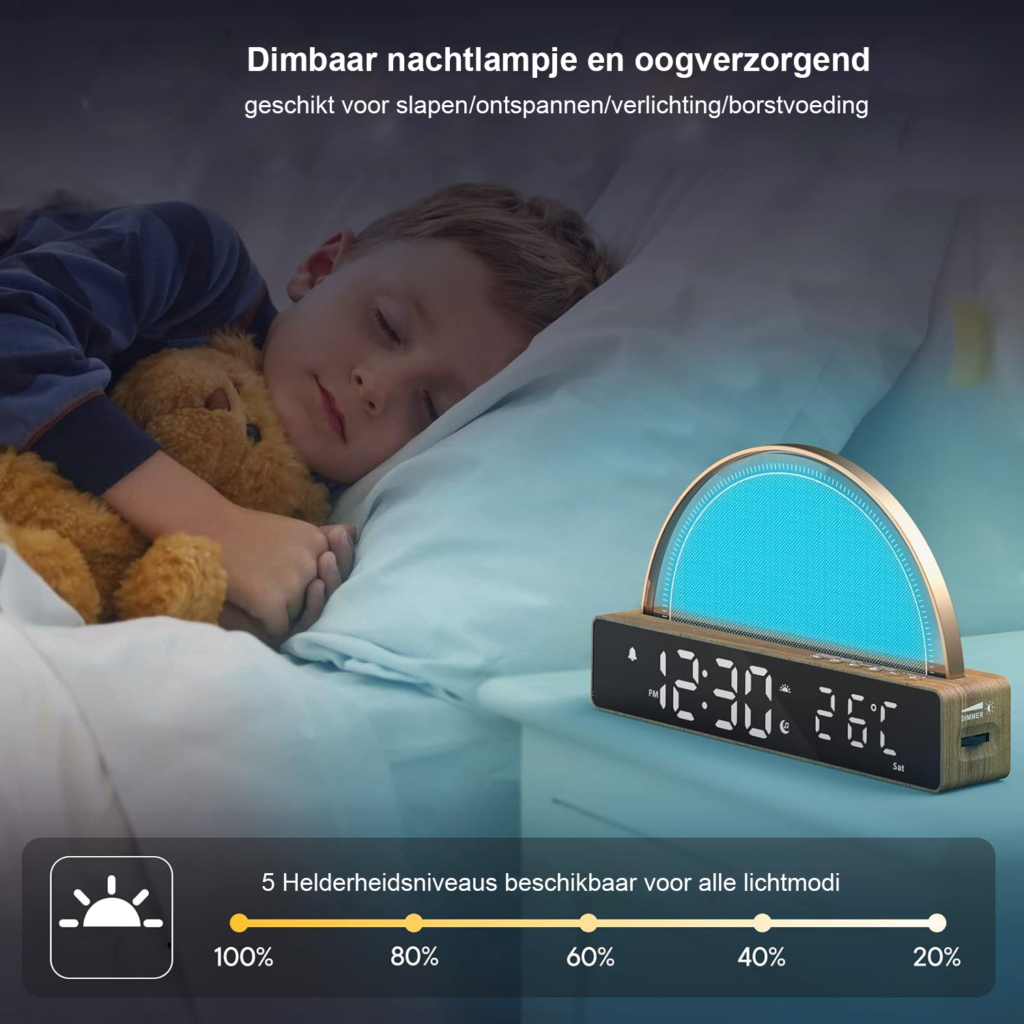 Wekker met licht en dimbare tafel lamp met slaapgeluiden en temperatuurweergave