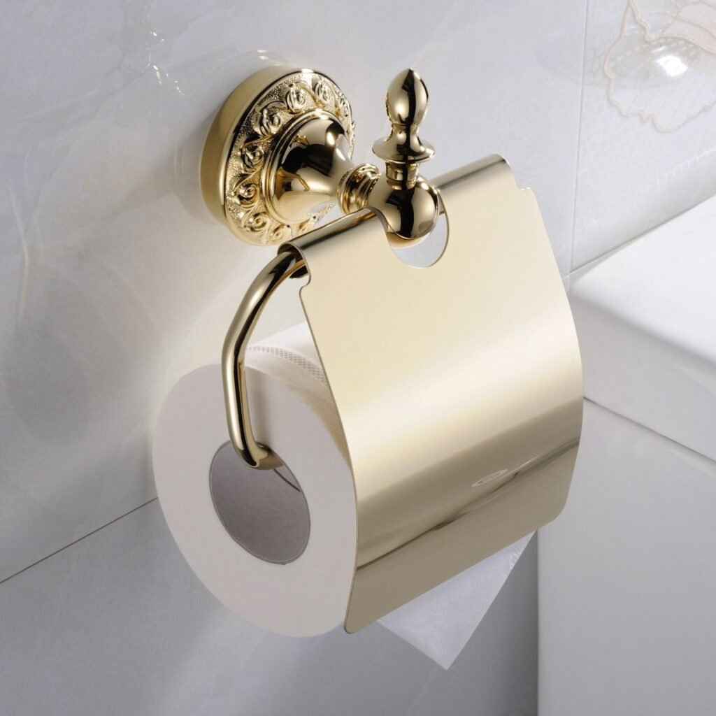 Gouden toiletpapierhouder met plankje en opbergrek voor badkamer