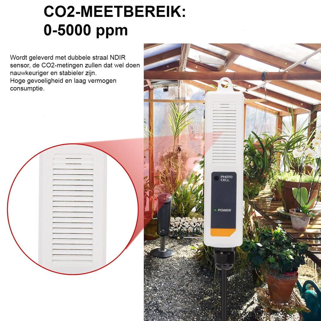 CO2 meter en detector met externe sensor, NDIR sensor en 4,6 meter kabel voor kas, woning en hydroponics