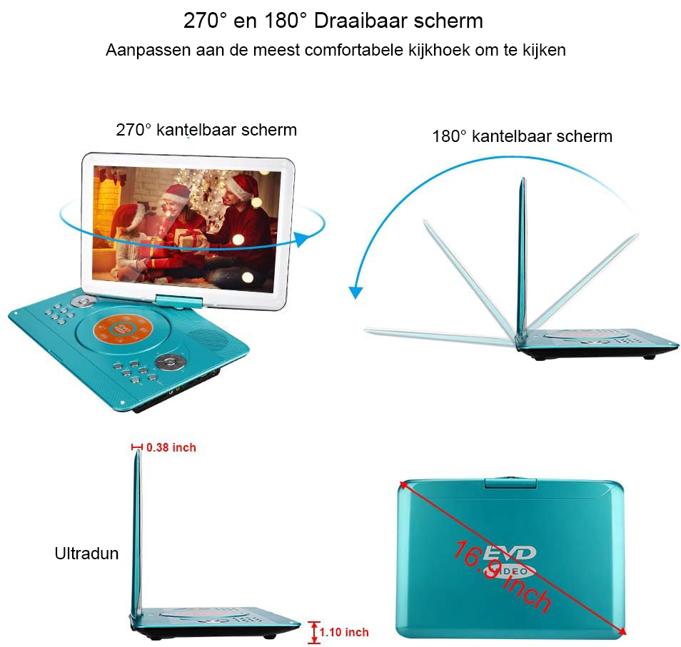Draagbare DVD-speler 14 inch - Groot HD LCD-scherm voor auto en onderweg - Oplaadbare batterij, afstandsbediening, HDMI, USB en SD-kaart ondersteuning