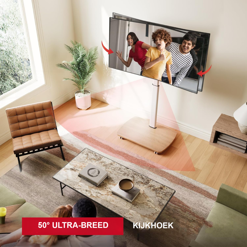 Verrijdbare TV standaard met houten plank voor 43-75 inch televisie, draaibare vloerstandaard met wielen en VESA ondersteuning