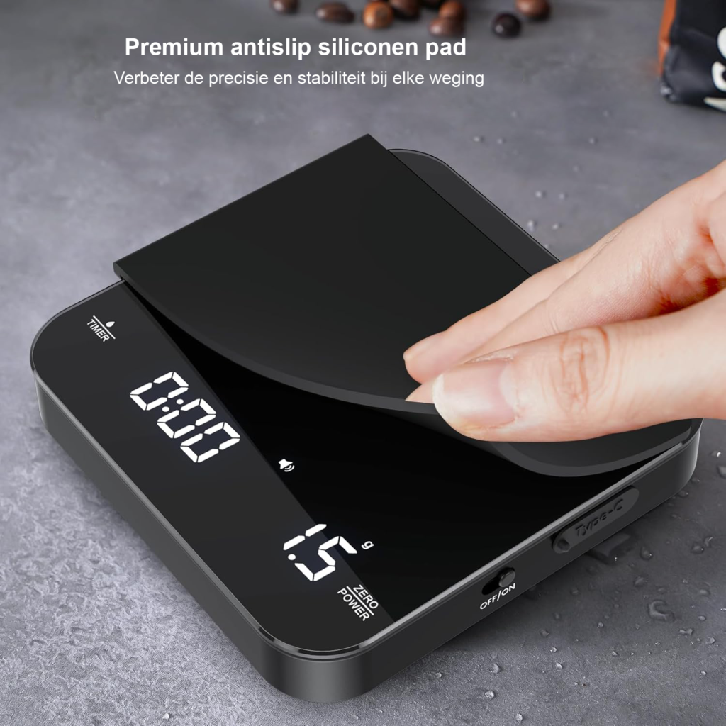 Mini koffieweegschaal met timer, oplaadbare digitale espresso weegschaal voor koffie en pour over tot 2 kg capaciteit