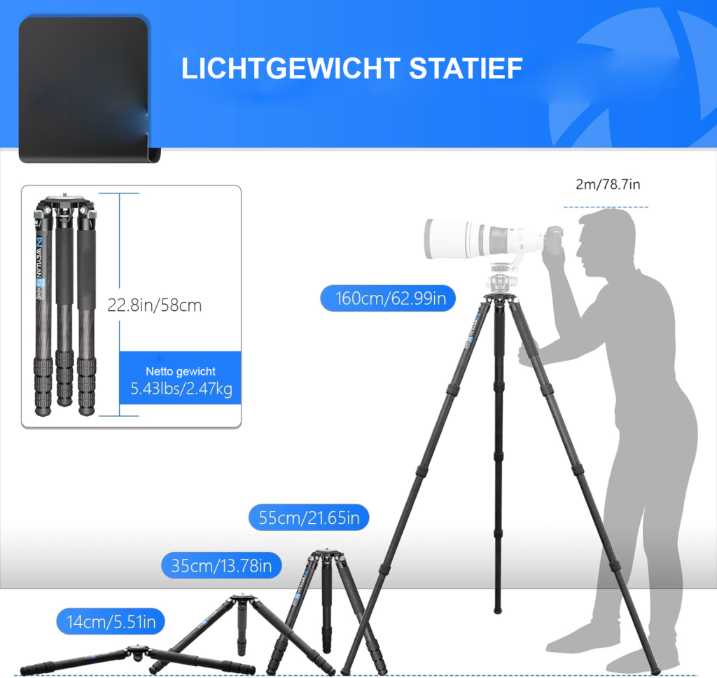 Koolstofvezel camera statief met siliconen grip, verstelbaar fotostatief voor DSLR, videocamera en telelens met 40 kg draagvermogen