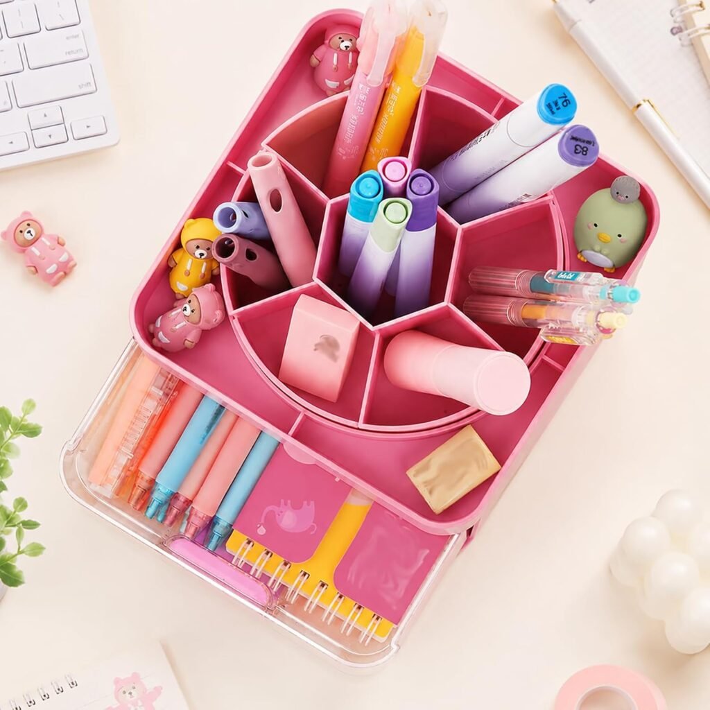 360° draaibare roze pennenhouder met 7 compartimenten voor bureau en make-uptafel