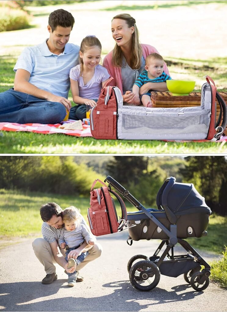 Luiertas rugzak roze en grijs met grote capaciteit en opvouwbaar babybed voor onderweg