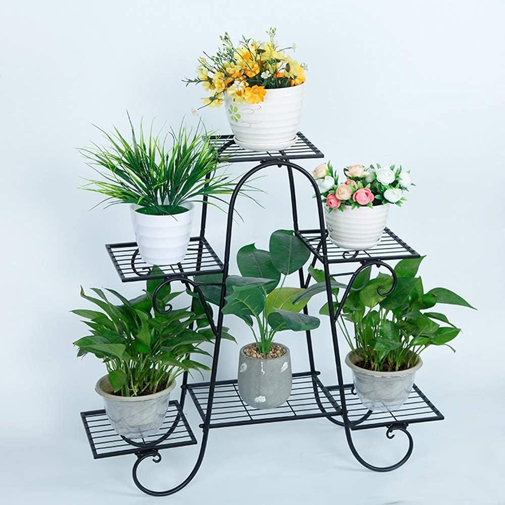 Zwarte metalen plantenstandaard met 6 lagen voor binnen en buiten, bloemenrek voor meerdere planten en terras