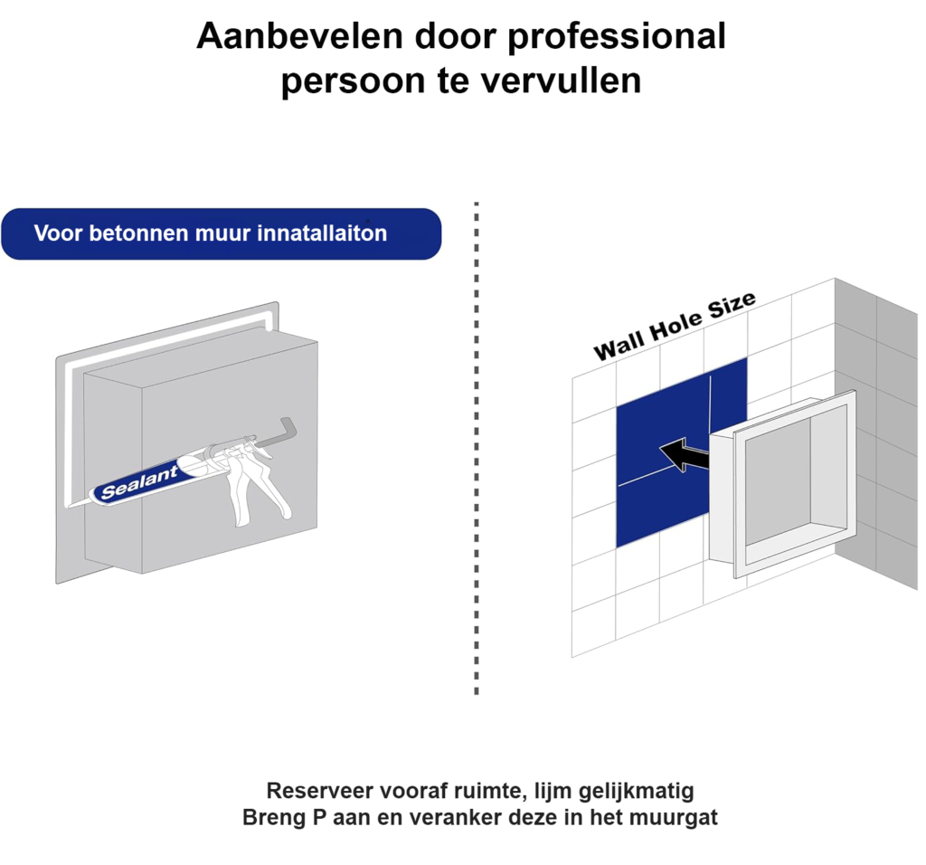 Witte RVS douchebak niche 30x30x10 cm voor wandmontage, tegelvrije wandnis van roestvrij staal voor de badkamer.
