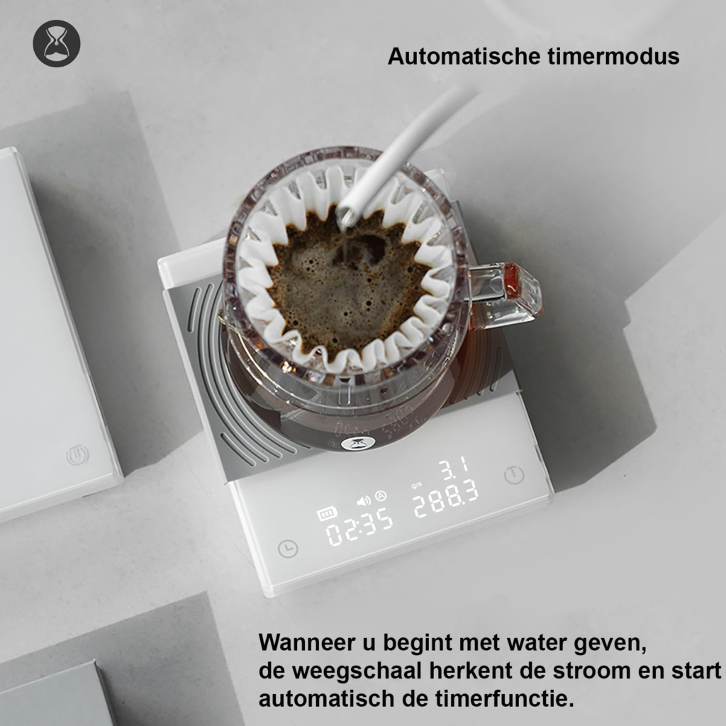 Digitale koffieweegschaal met timer, 0,1 g nauwkeurigheid, flow rate functie en USB-C opladen voor espresso en pour-over koffie.