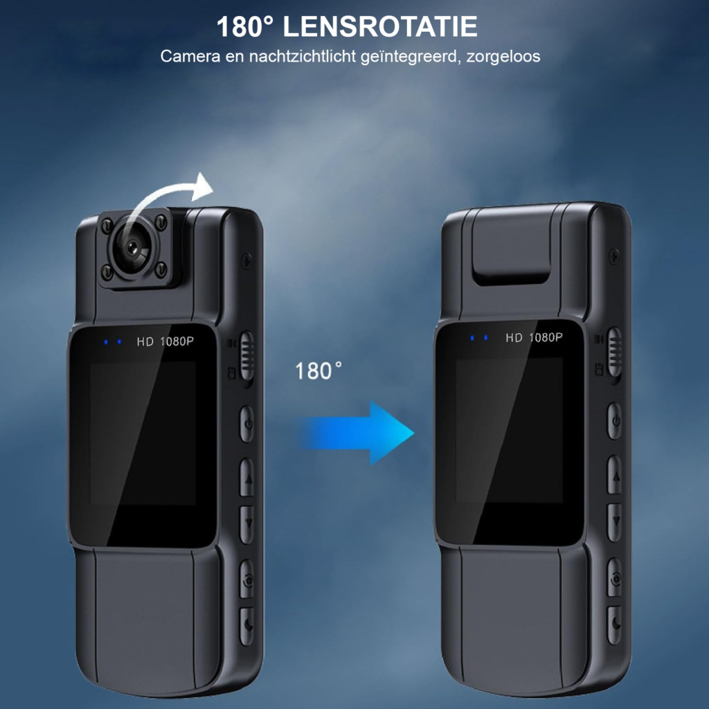 Mini beveiligingscamera 1080p HD met nachtzicht, brede kijkhoek, compacte clip en Type-C oplaadpoort.