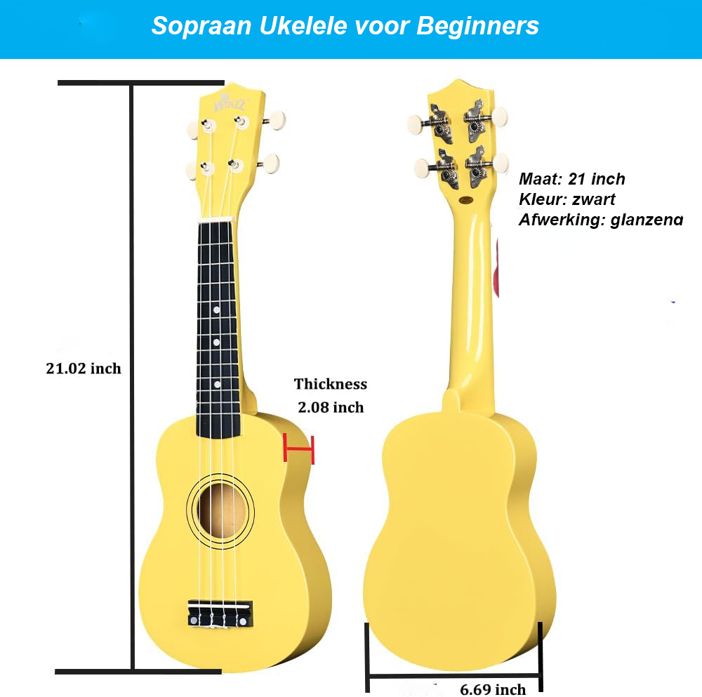 Ukulele beginners set 21 inch geel met tas en accessoires voor beginners
