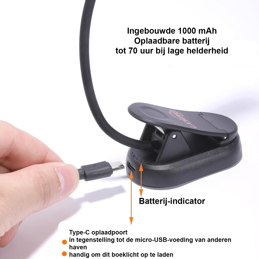 Amber rode leeslamp voor bed met flexibele clip-on klem, USB-C oplaadbaar en blauwlichtvrije LED verlichting